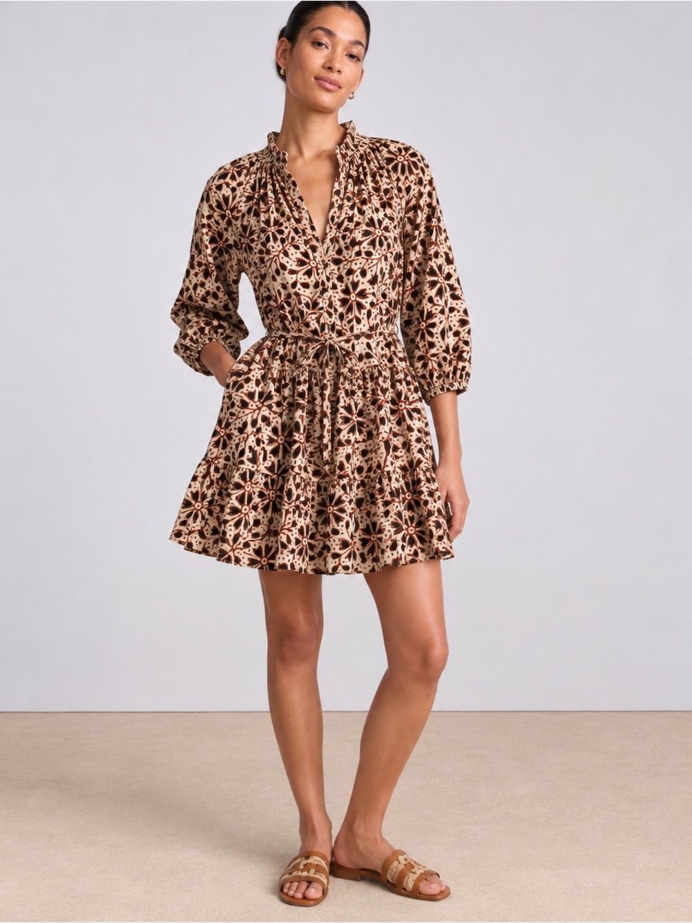 Apiece Apart Trinidad Silk Floral Mini Dress Brown Cream XS